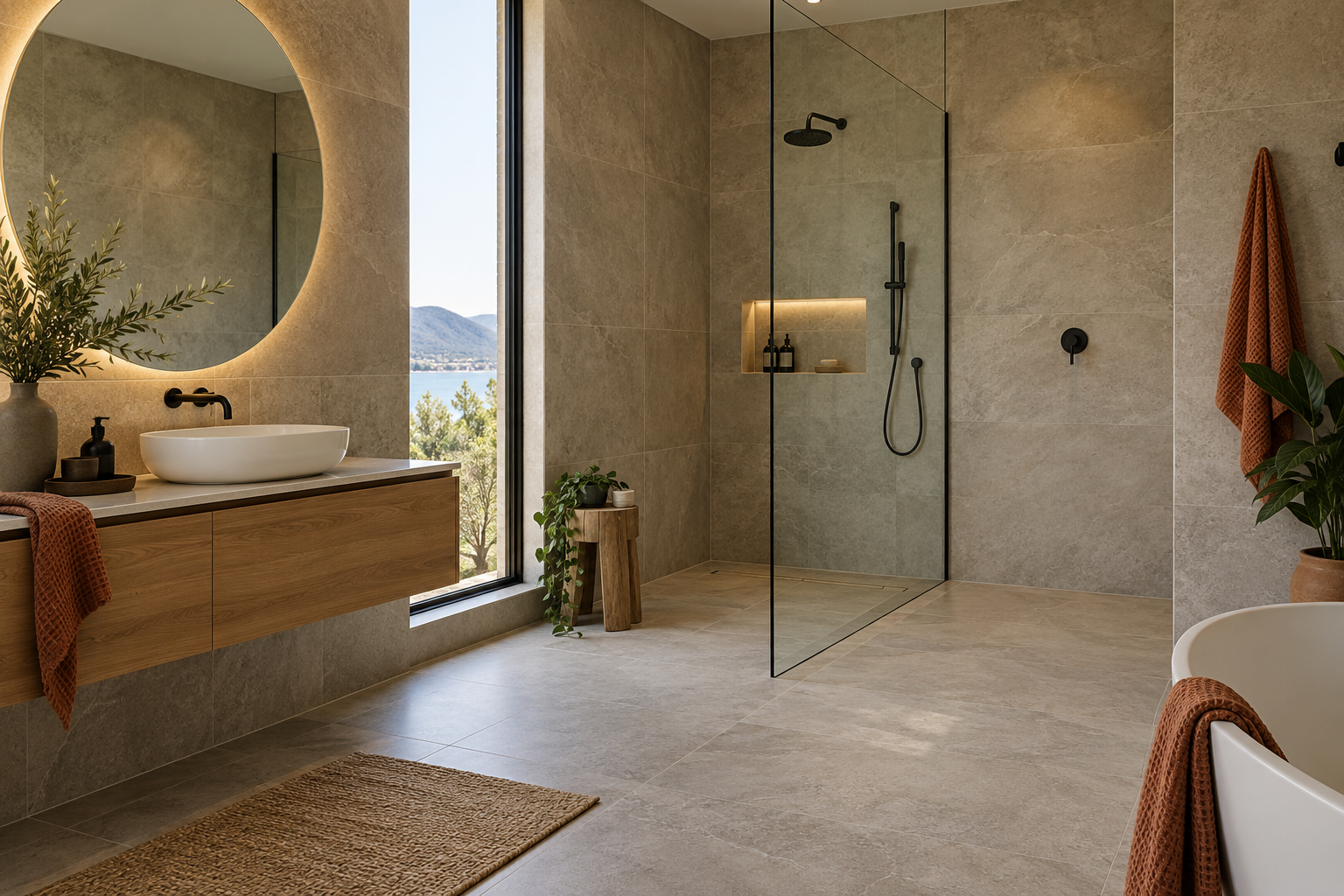 Bathroom design inspiration with stone-look wall tiles, an oak vanity and a walk-in shower
