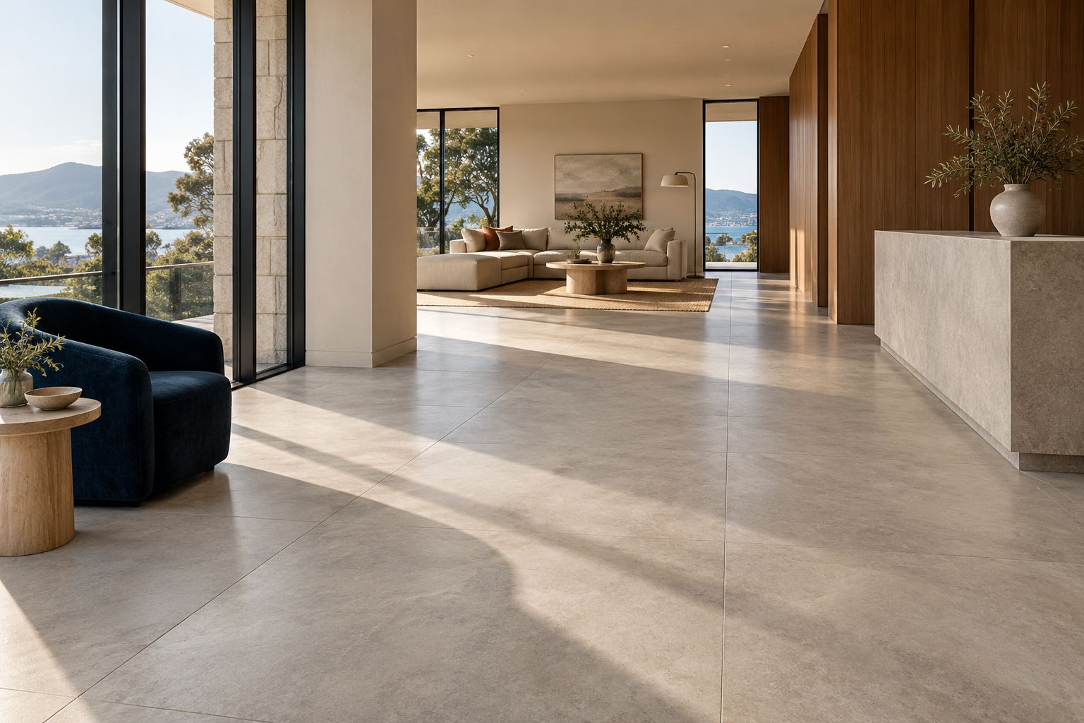 Interior design inspiration showing large-format porcelain floor tiles in an open living space