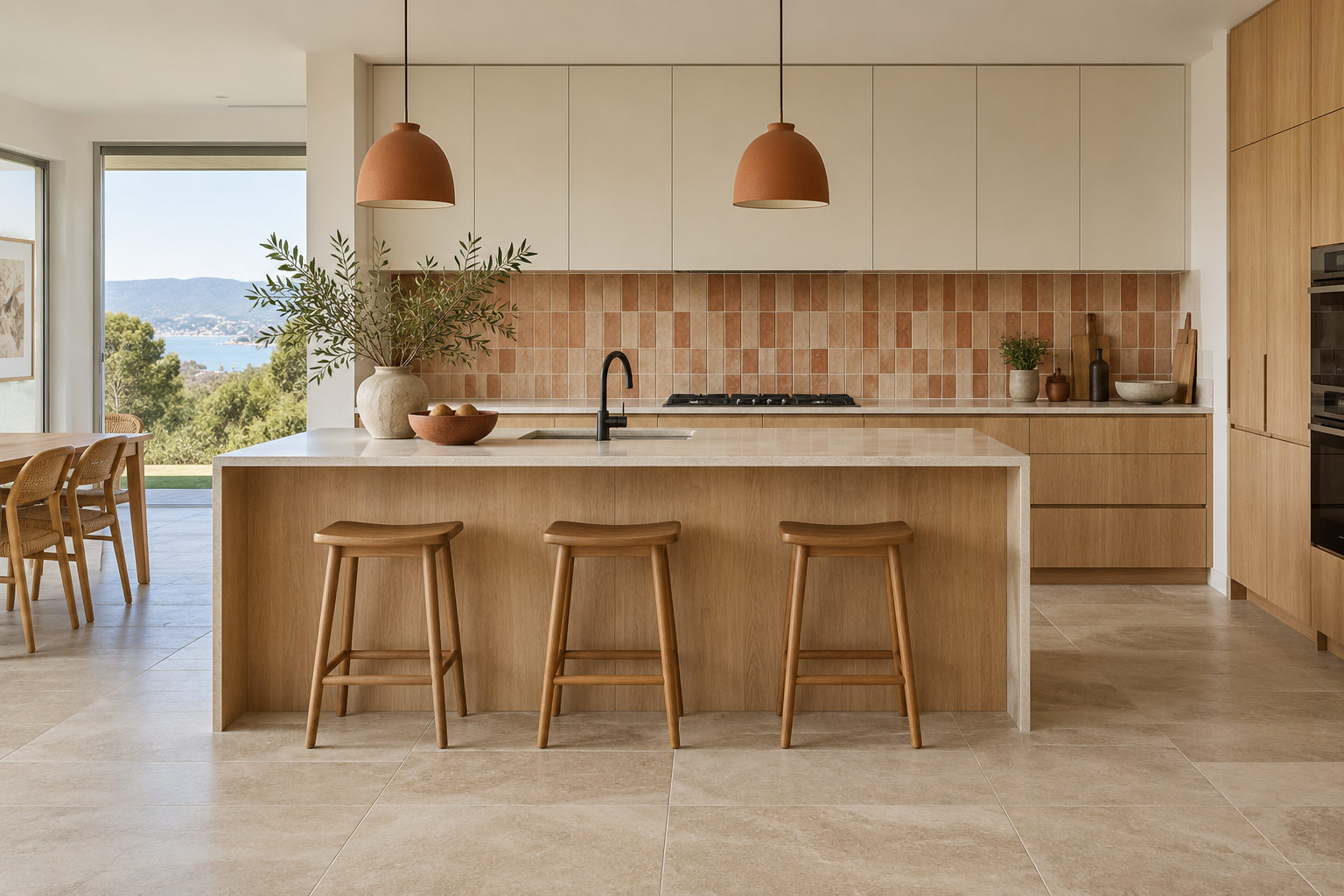 Kitchen design inspiration with a terracotta tiled splashback and oak cabinetry