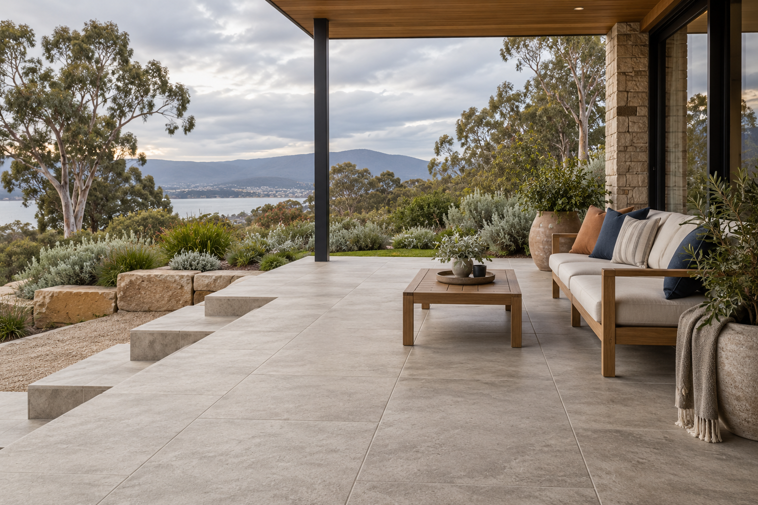 Outdoor design inspiration with a tiled patio and covered dining area