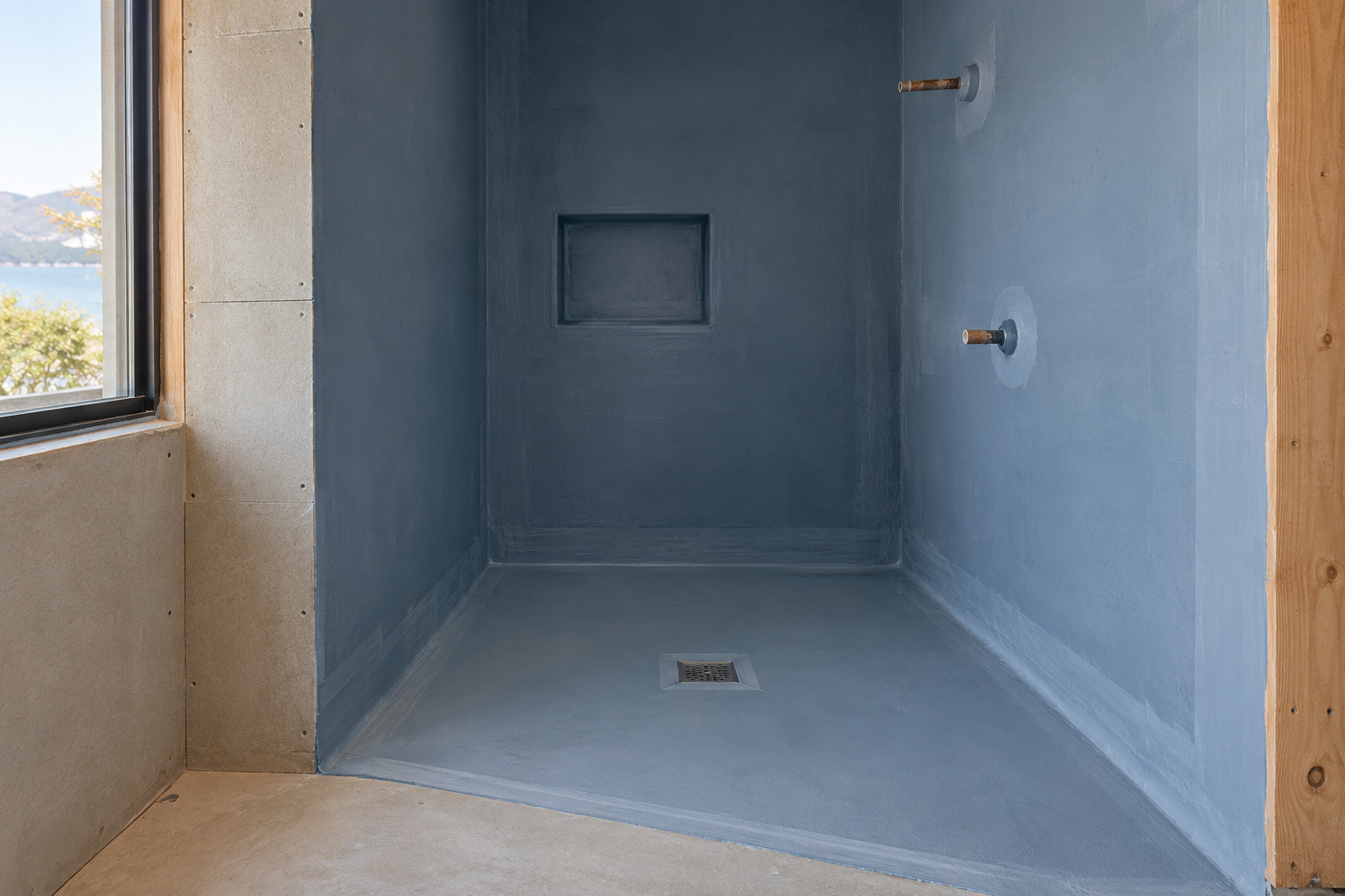 Illustrative shower preparation showing a waterproofing membrane before tiling